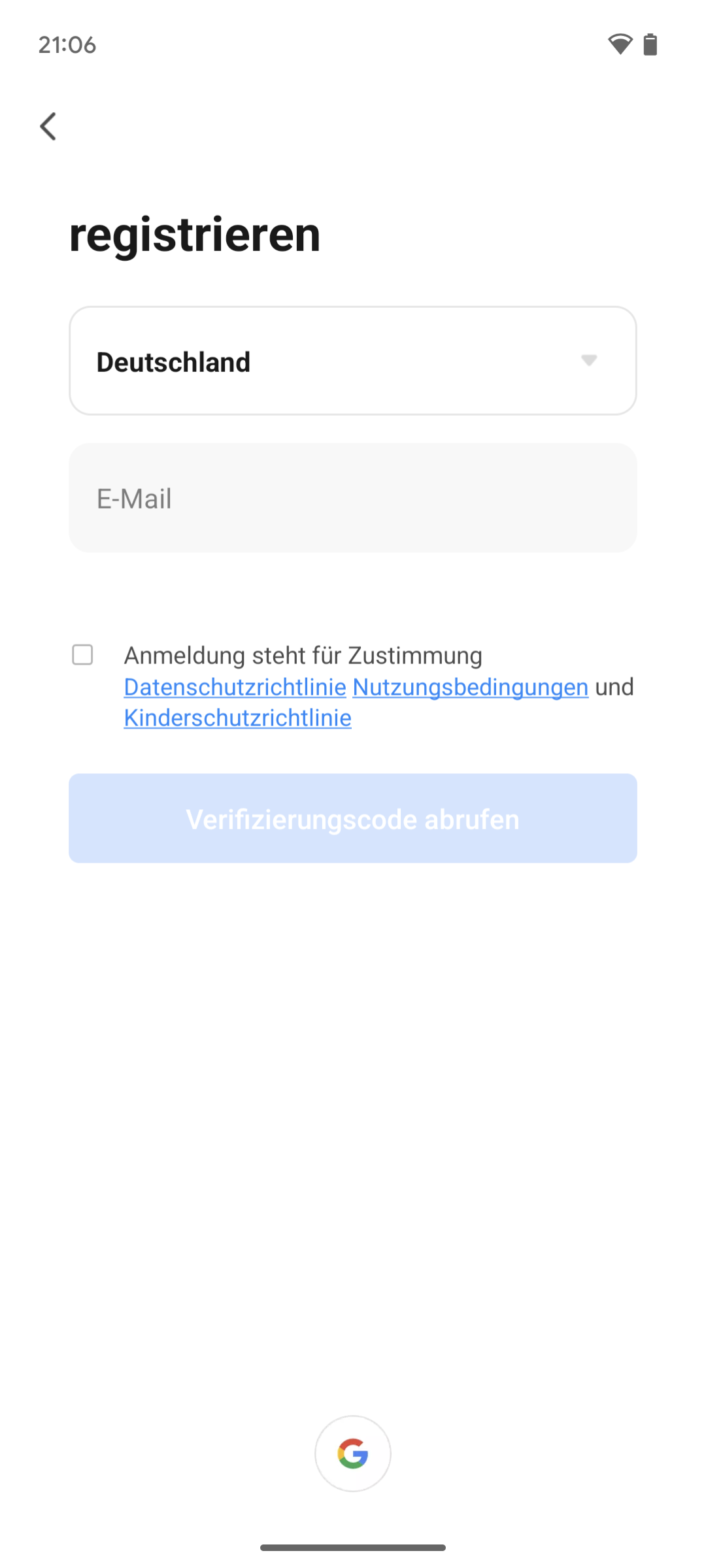 Kontoerstellung - Angabe von Land, E-Mailadresse