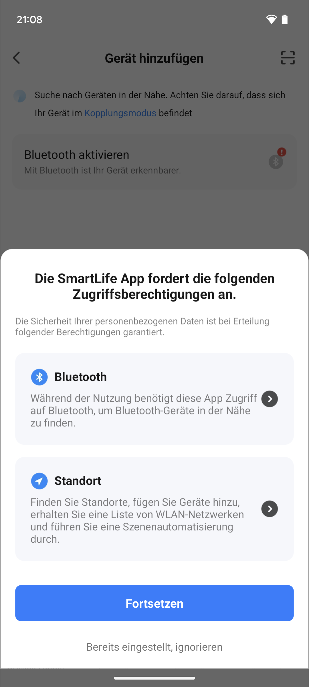 Einrichtung - Berechtigung: Bluetooth, Standort