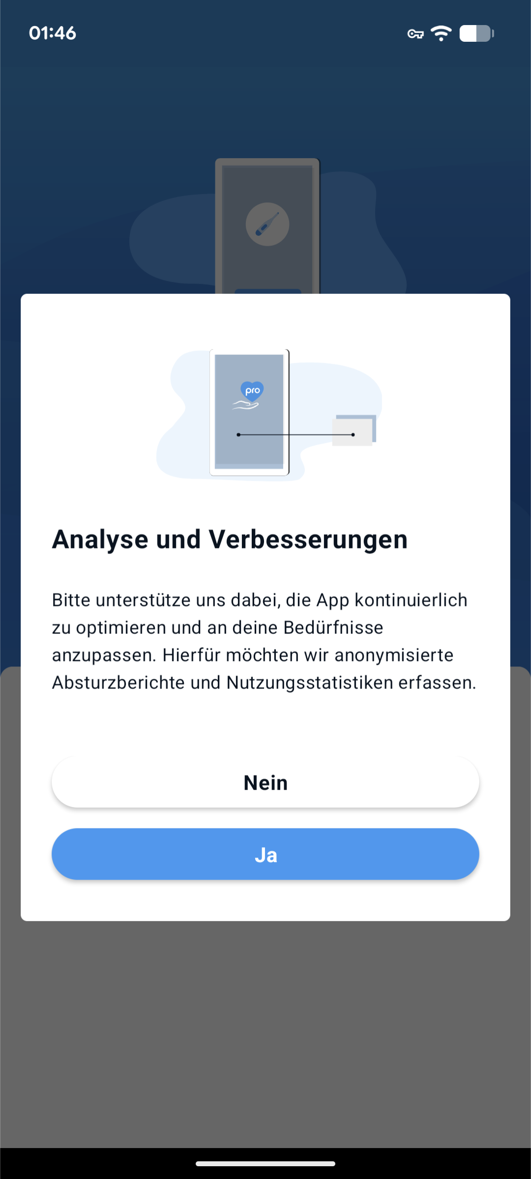Willkommensbildschirm - Einverständniserklärung für App-Analysedaten