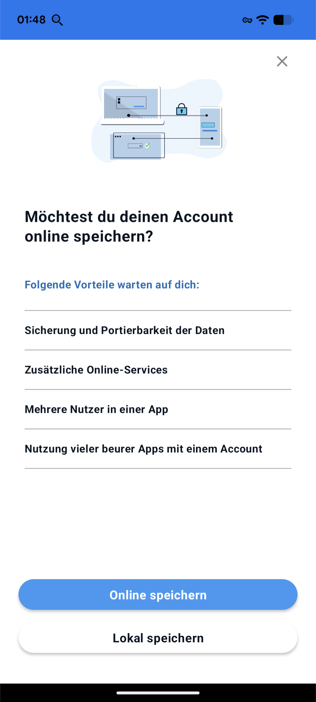 Accountregistrierung - Optionale Registrierung oder Offlinespeicherung