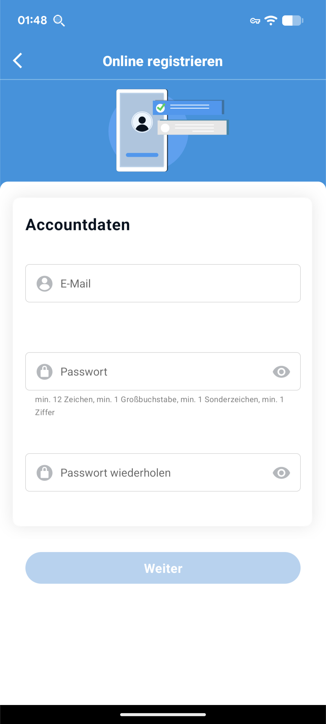 Accountregistrierung - Abgefragte Daten für die Online-Registrierung: E-Mail (mit Verifizierung), Passwort