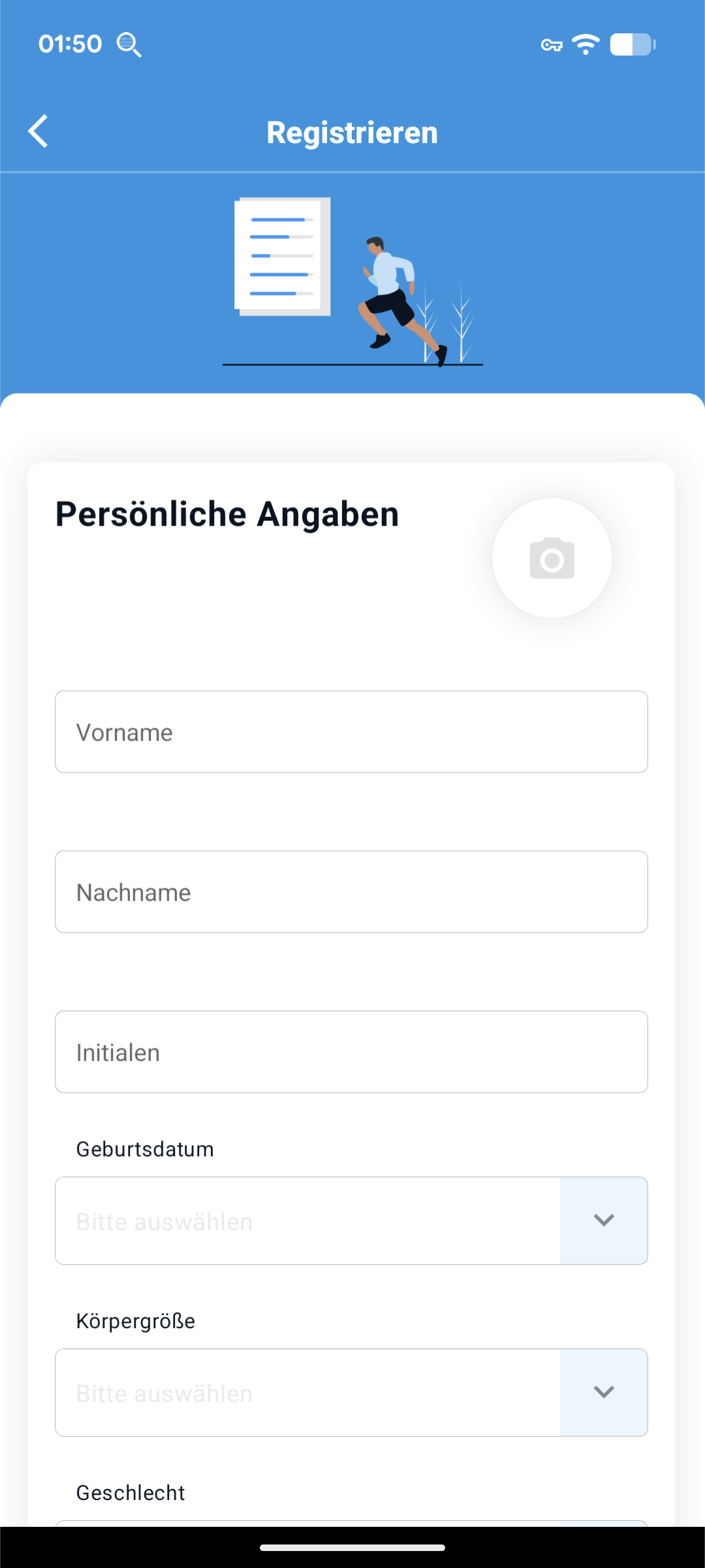 Accountregistrierung - Abgefragte Daten für die Online-Registrierung: Vorname, Nachname, Geburtsdatum, Körpergröße, Geschlecht