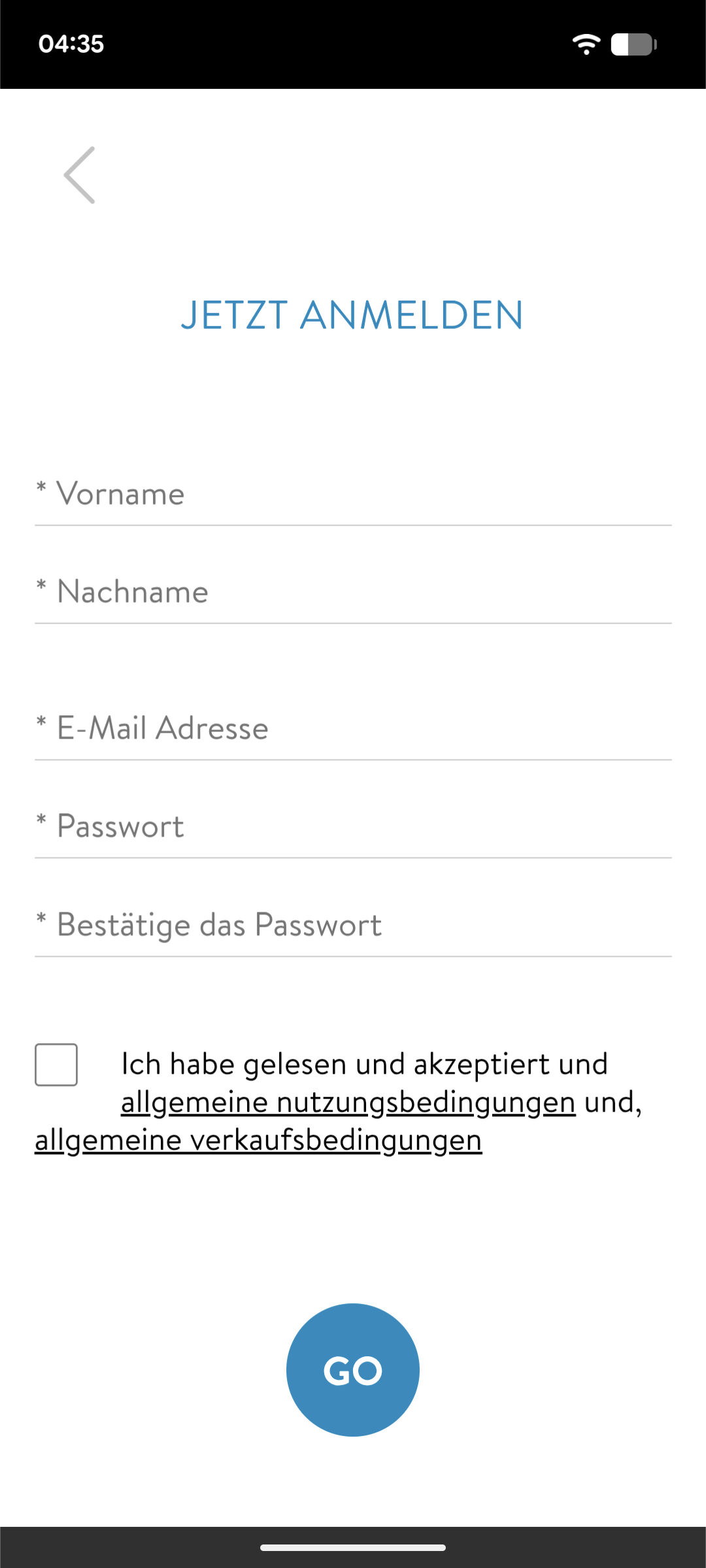 Accounterstellung - Abgefragte Daten: E-Mail (ohne Verifizierung), Passwort, Vorname, Nachname