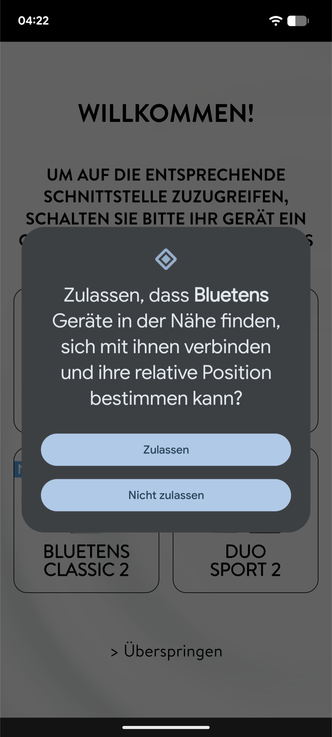 Einrichtung - Abgefragte Berechtigung: Bluetooth-LE-Geräte in der Nähe identifizieren