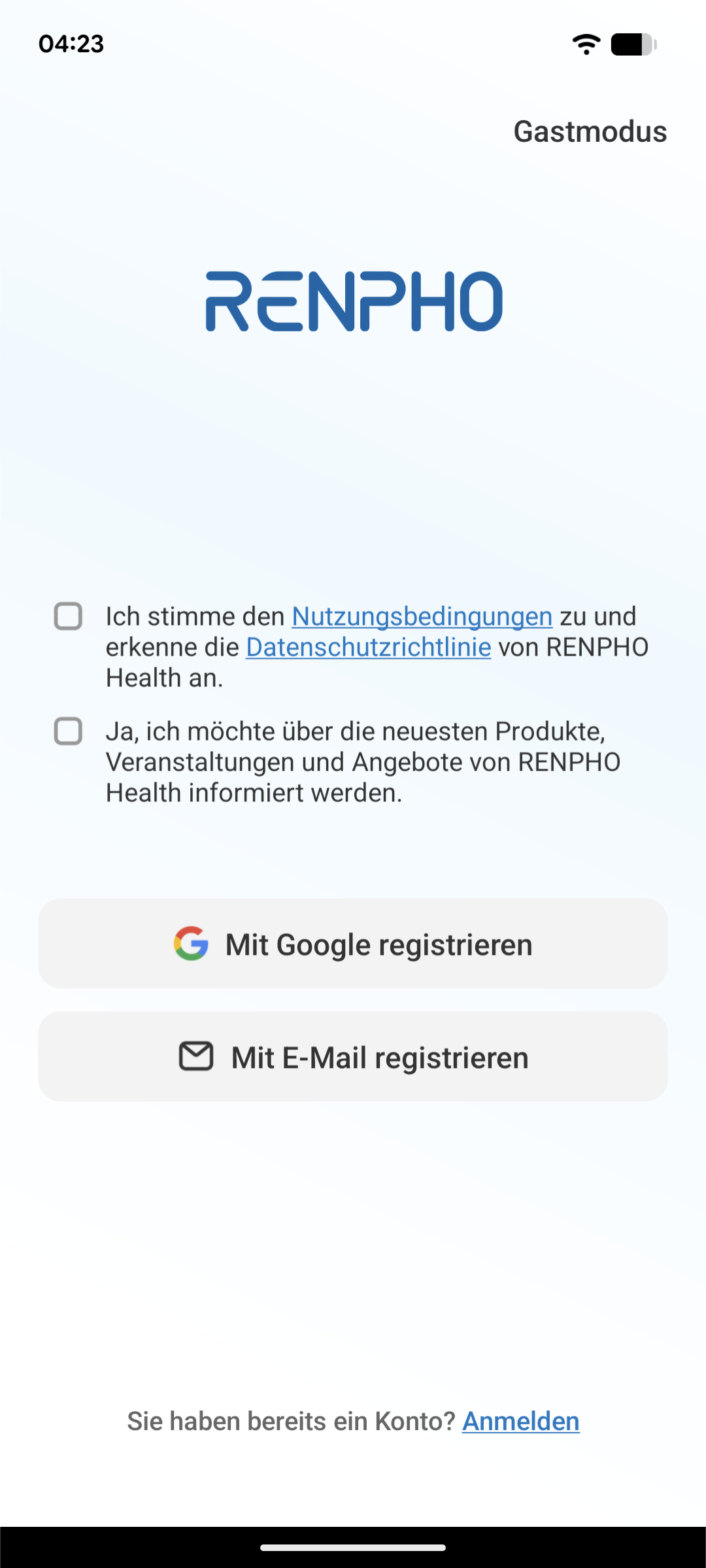 Einrichtung - Option: Zustimmung der Nutzungsbedingungen und Datenschutzrichtlinie für die Accounterstellung oder Gastmodus