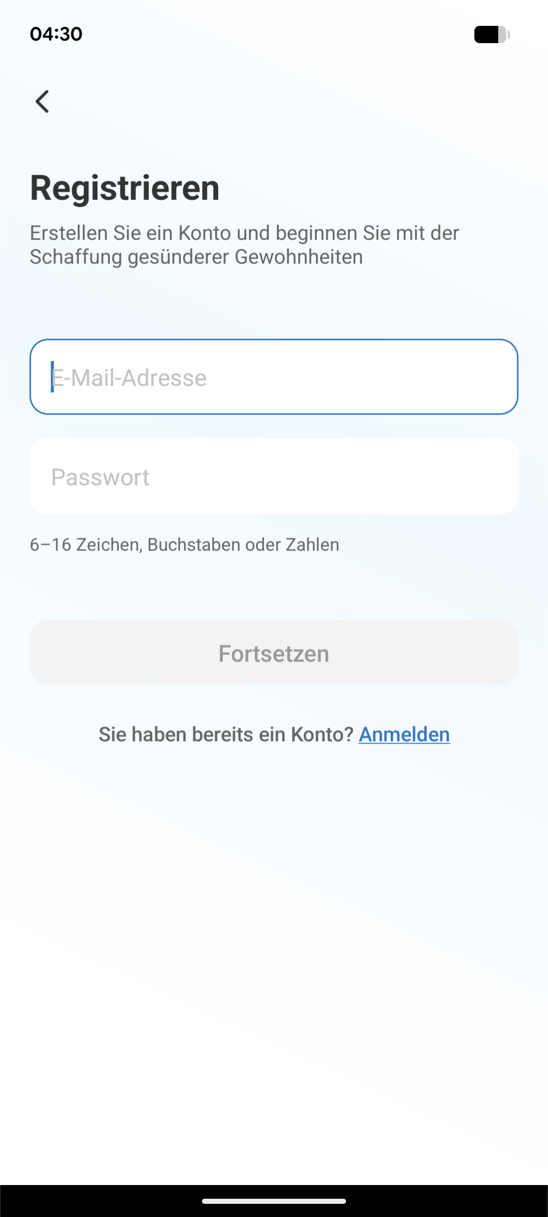 Accounterstellung - Abgefragte Daten: E-Mail, Passwort