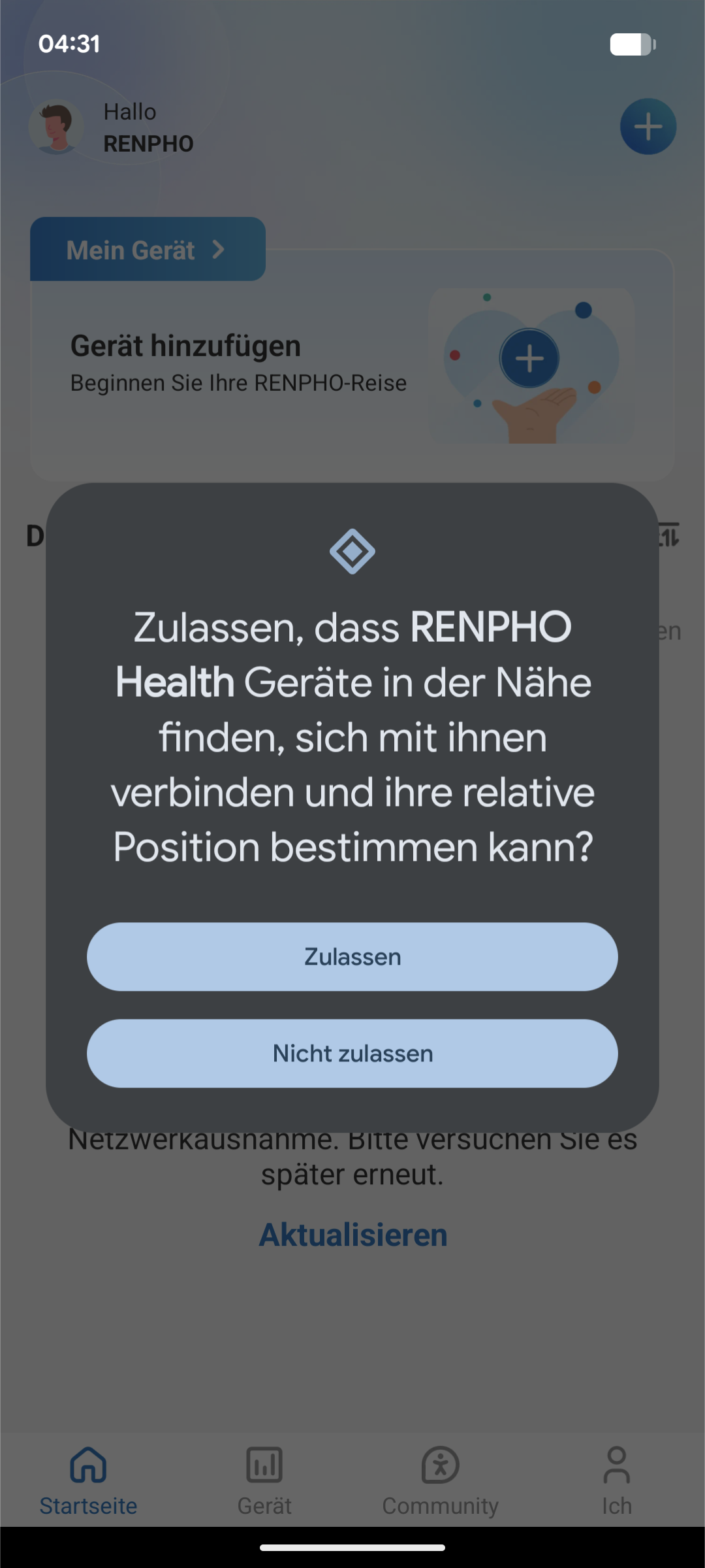 Einrichtung - Benötigte Berechtigung 'Geräte in der Nähe'