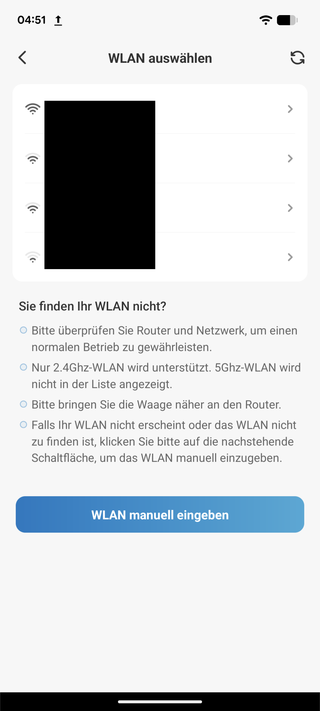 Geräteeinrichtung - Wlan-Konfiguration - Auswahl des Netzwerks