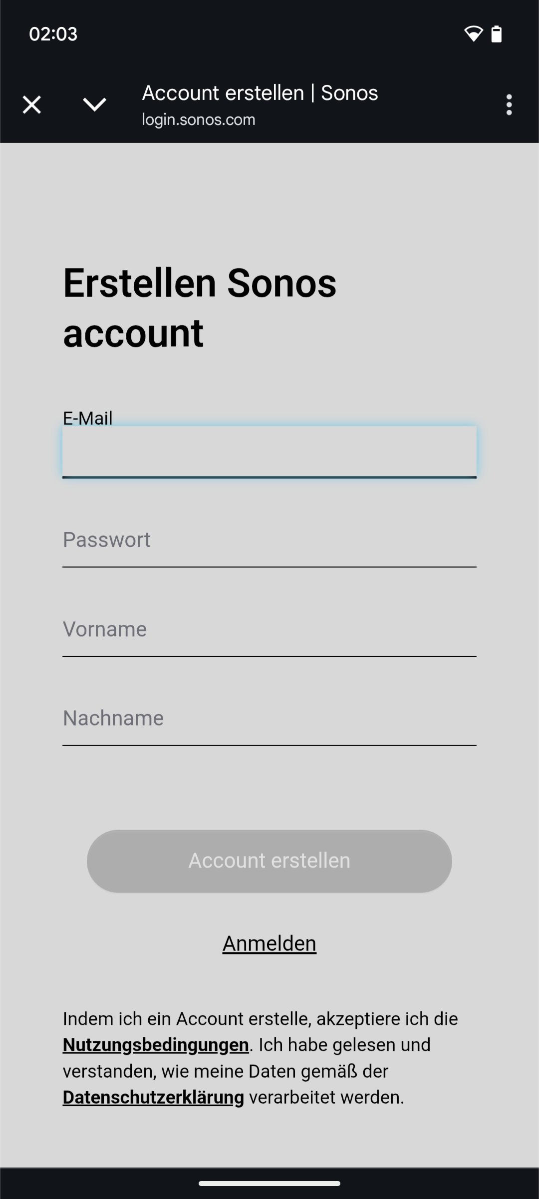 Accounterstellung - Abgefragte Daten: E-Mail + Verifizierung, Passwort, Vorname, Nachname