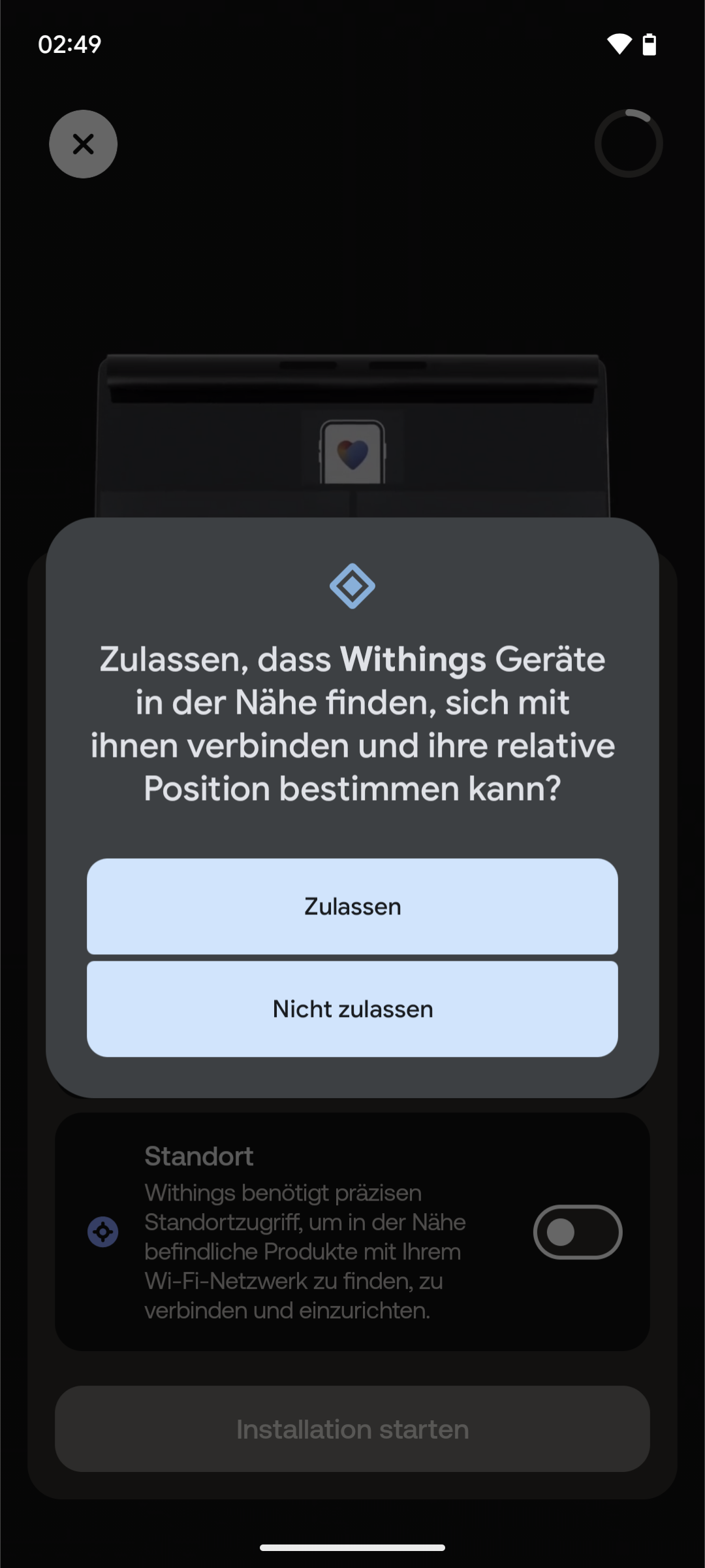 Einrichtung - Erforderliche Berechtigung: Geräte in der Nähe / Bluetooth
