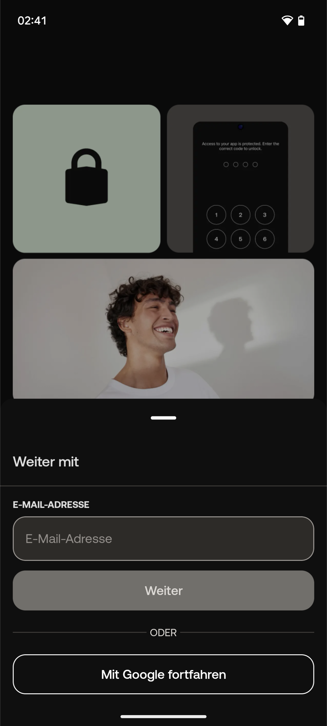 Registrierung - Registrierung über E-Mail-Adresse oder Login über ein Google-Konto