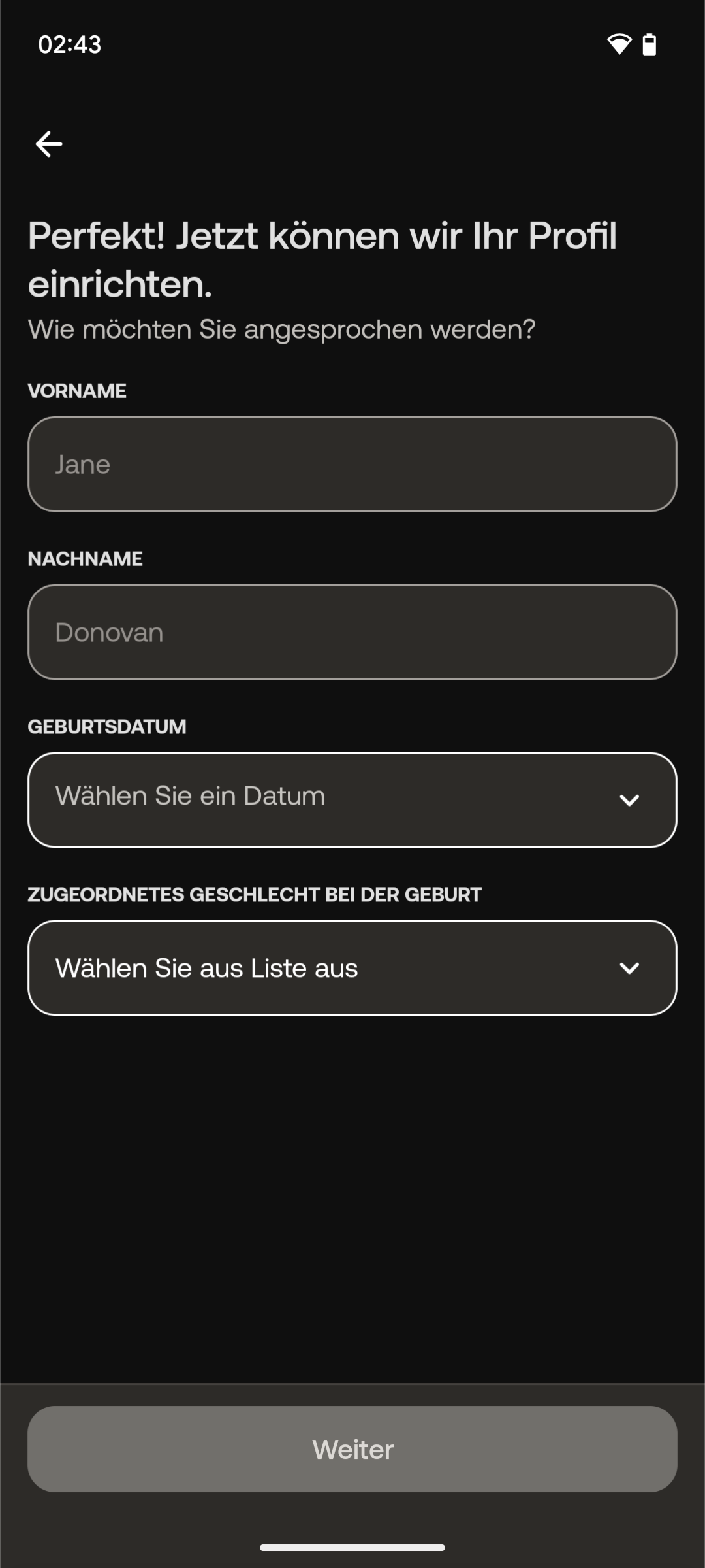Registrierung - Erforderliche Daten: Vor- und Nachname, Geburtsdatum, Geschlecht